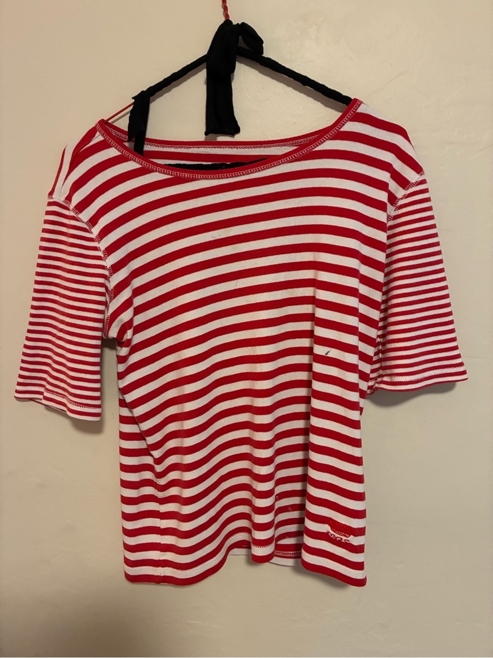 Oleg Cassini Red and White Striped Short Sleeve Boatneck Top